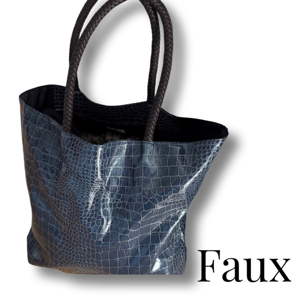 Neiman Marcus Navy Croc Embossed Tote